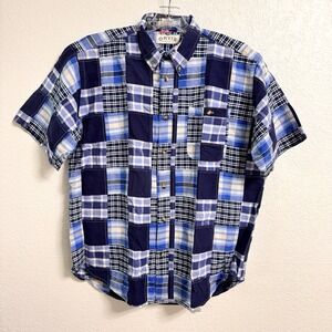 Orvis Shirt Mens L Blue Madras Patchwork Plaid Travel Preppy Button Down